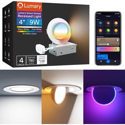 Lumary - 4" Smart Recessed Lighting Pro with RGBAI Night Light, 270°+90° Adjustable, CCT Main Light, App/Voice Control 4 Pack - White Lumary - 4" Smart Recessed Lighting Pro with RGBAI Night Light, 270°+90° Adjustable, CCT Main Light, App/Voice Control 4 Pack - White