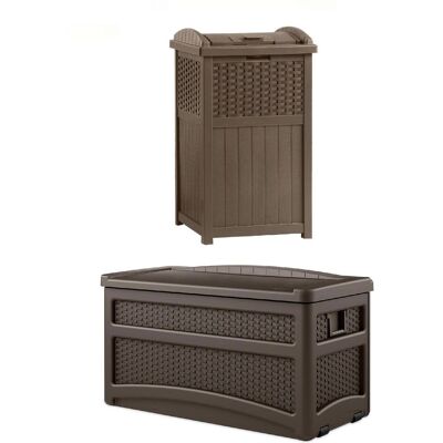 Suncast - 73 Gallon Deck Box & Wicker Trash Hideaway Outdoor Garbage Bin, Java - Brown/Java Suncast - 73 Gallon Deck Box & Wicker Trash Hideaway Outdoor Garbage Bin, Java - Brown/Java