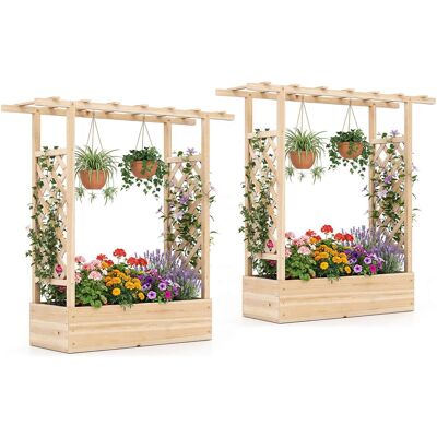Costway - 2 PCS Wooden Raised Garden Bed with Trellis, Hanging Roof, Drainage Holes for Plants - Natural Costway - 2 PCS Wooden Raised Garden Bed with Trellis, Hanging Roof, Drainage Holes for Plants - Natural