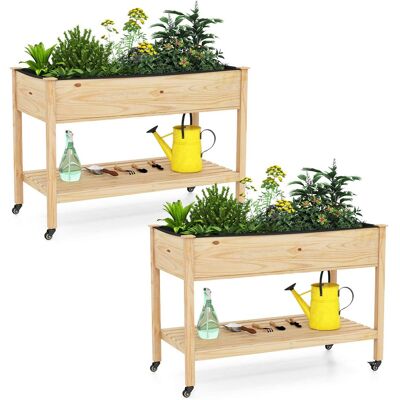 Costway - 2 PCS Wooden Raised Garden Bed with Legs, Lockable Wheels, Liner for Vegetable Herb - Natural Costway - 2 PCS Wooden Raised Garden Bed with Legs, Lockable Wheels, Liner for Vegetable Herb - Natural