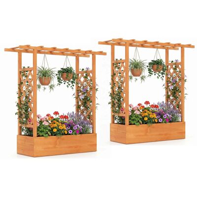 Costway - 2 PCS Wooden Raised Garden Bed with Trellis, Hanging Roof, Drainage Holes for Plants - Orange Costway - 2 PCS Wooden Raised Garden Bed with Trellis, Hanging Roof, Drainage Holes for Plants - Orange