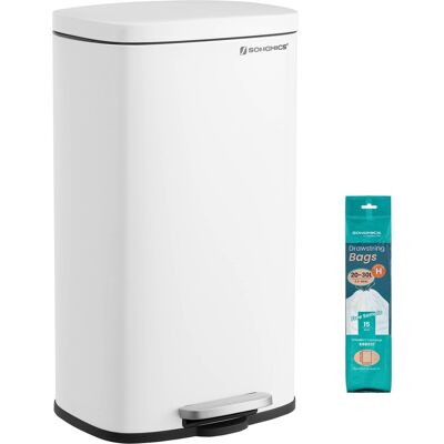 Songmics Home - Trash Can with Lid, 8 Gallon Garbage Can, Stainless Steel Small Waste Bin with Step Pedal and Inner Bucket, Soft Close - White Songmics Home - Trash Can with Lid, 8 Gallon Garbage Can, Stainless Steel Small Waste Bin with Step Pedal and Inner Bucket, Soft Close - White