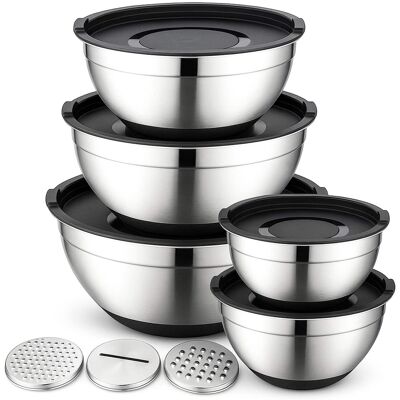 Luminuxe - 5‑Pc Stainless Steel Mixing Bowls w/ Grater & Lids, Durable Nonslip Nesting Rust-Proof for Cooking Luminuxe - 5‑Pc Stainless Steel Mixing Bowls w/ Grater & Lids, Durable Nonslip Nesting Rust-Proof for Cooking