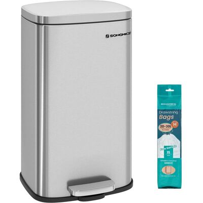 Songmics Home - Trash Can with Lid, 8 Gallon Garbage Can, Stainless Steel Small Waste Bin with Step Pedal and Inner Bucket, Soft Close - Silver Songmics Home - Trash Can with Lid, 8 Gallon Garbage Can, Stainless Steel Small Waste Bin with Step Pedal and Inner Bucket, Soft Close - Silver