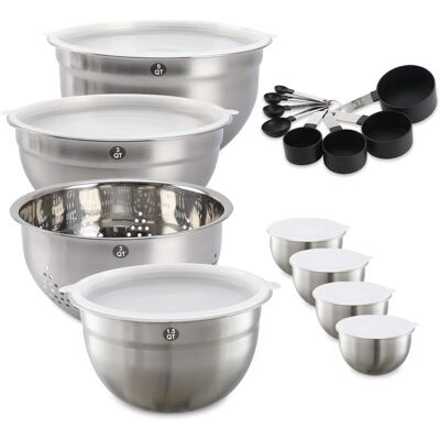 KOOMADE - 23 Pcs Mixing Bowl Set Baking Stainless Steel Bowls Pasta with Lid Lids Egg Beating - Silver KOOMADE - 23 Pcs Mixing Bowl Set Baking Stainless Steel Bowls Pasta with Lid Lids Egg Beating - Silver