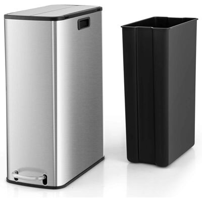 Costway - 12 Gallon Wings Open Lid Trash Can with Soft-Closing Lids & Removable Inner Bucket - Silver Costway - 12 Gallon Wings Open Lid Trash Can with Soft-Closing Lids & Removable Inner Bucket - Silver