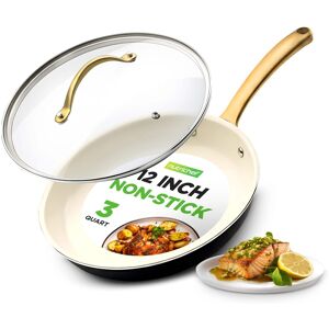 NutriChef - 12-Inch Ceramic Frying Pan with Lid, Golden Titanium Handle, Non-Stick, Easy to Clean (NCHGLDX12) - Stainless Steel NutriChef - 12-Inch Ceramic Frying Pan with Lid, Golden Titanium Handle, Non-Stick, Easy to Clean (NCHGLDX12) - Stainless Steel