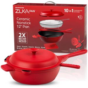 Granitestone - Zuka Everyday Pan 12" Nonstick Multi-Functional Saute Pan with Lid, Nylon Spoon and Steamer Basket - Red Granitestone - Zuka Everyday Pan 12" Nonstick Multi-Functional Saute Pan with Lid, Nylon Spoon and Steamer Basket - Red