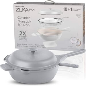 Granitestone - Zuka Everyday Pan 10" Grey Nonstick Multi-Functional Saute Pan with Lid, Nylon Spoon and Steamer Basket - Gray Granitestone - Zuka Everyday Pan 10" Grey Nonstick Multi-Functional Saute Pan with Lid, Nylon Spoon and Steamer Basket - Gray