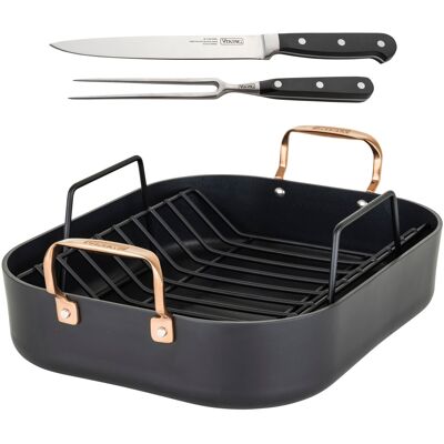 Viking - Hard Anodized Roasting Pan with Copper Handles, A Rack and Bonus Carving Set - Multicolor Viking - Hard Anodized Roasting Pan with Copper Handles, A Rack and Bonus Carving Set - Multicolor