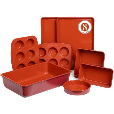 Larder & Vine - 8 Piece Nonstick Bakeware Set Including Baking Sheets, Cake Pans, Loaf Pan, Muffin Pans, Roasting Pan - Cabernet Larder & Vine - 8 Piece Nonstick Bakeware Set Including Baking Sheets, Cake Pans, Loaf Pan, Muffin Pans, Roasting Pan - Cabernet