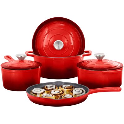 MegaChef - 7 Piece Enameled Cast Iron Cookware Set - Red MegaChef - 7 Piece Enameled Cast Iron Cookware Set - Red
