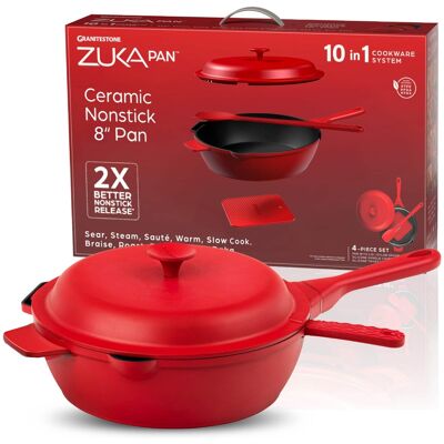 Granitestone - Zuka Everyday Pan 8" Nonstick Multi-Functional Saute Pan with Lid and Nylon Spoon - Red Granitestone - Zuka Everyday Pan 8" Nonstick Multi-Functional Saute Pan with Lid and Nylon Spoon - Red
