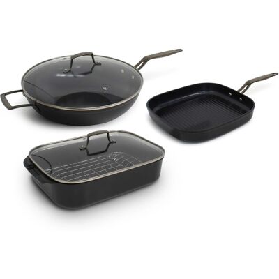 BLU - Blu. Cookware Kitchen Sidekick Set, Wok, Grill Pan, Roasting Pan - Black BLU - Blu. Cookware Kitchen Sidekick Set, Wok, Grill Pan, Roasting Pan - Black