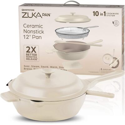 Granitestone - Zuka Everyday Pan 12" Nonstick Multi-Functional Saute Pan with Lid, Nylon Spoon and Steamer Basket - Cream Granitestone - Zuka Everyday Pan 12" Nonstick Multi-Functional Saute Pan with Lid, Nylon Spoon and Steamer Basket - Cream