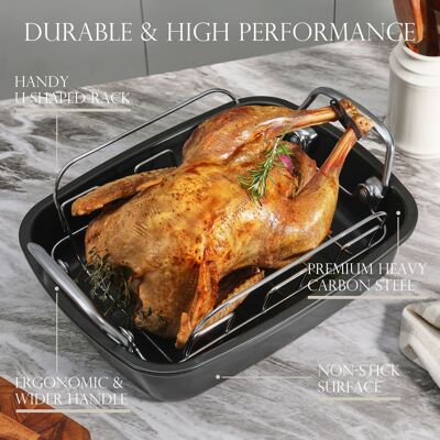 HONGBAKE - Nonstick Roasting Pan with Rack 15 x 11 inch - Turkey Roaster Pan for Ovens - Wider Handles & Heavy Duty Construction HONGBAKE - Nonstick Roasting Pan with Rack 15 x 11 inch - Turkey Roaster Pan for Ovens - Wider Handles & Heavy Duty Construction