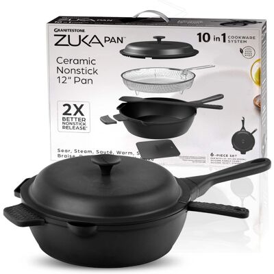 Granitestone - Zuka Everyday Pan 12" Nonstick Multi-Functional Saute Pan with Lid, Nylon Spoon and Steamer Basket - Black Granitestone - Zuka Everyday Pan 12" Nonstick Multi-Functional Saute Pan with Lid, Nylon Spoon and Steamer Basket - Black