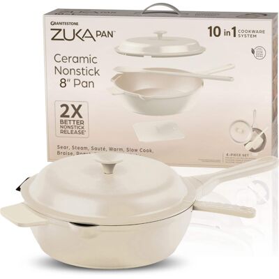 Granitestone - Zuka Everyday Pan 8" Nonstick Multi-Functional Saute Pan with Lid and Nylon Spoon - Cream Granitestone - Zuka Everyday Pan 8" Nonstick Multi-Functional Saute Pan with Lid and Nylon Spoon - Cream
