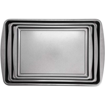 Gibson - Home Love To Bake Nonstick Steel Jelly Roll 3 Piece Baking Sheet Set - Gray Gibson - Home Love To Bake Nonstick Steel Jelly Roll 3 Piece Baking Sheet Set - Gray