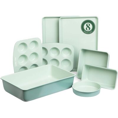 Larder & Vine - 8 Piece Nonstick Bakeware Set Including Baking Sheets, Cake Pans, Loaf Pan, Muffin Pans, Roasting Pan - Sage Larder & Vine - 8 Piece Nonstick Bakeware Set Including Baking Sheets, Cake Pans, Loaf Pan, Muffin Pans, Roasting Pan - Sage
