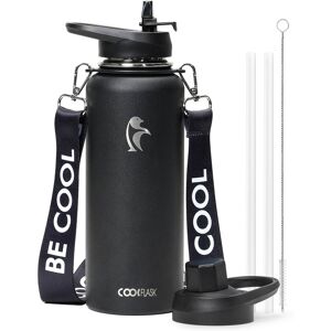 Coolflask - Insulated Water Bottle with Strap - Straw & Spout Lids - Keep Cold 48h - 40oz Black Coolflask - Insulated Water Bottle with Strap - Straw & Spout Lids - Keep Cold 48h - 40oz Black