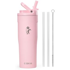 Coolflask - Slim Tumbler Stainless Steel with Straw & Handle - Fits Car Cup Holder - 32oz Pink Coolflask - Slim Tumbler Stainless Steel with Straw & Handle - Fits Car Cup Holder - 32oz Pink