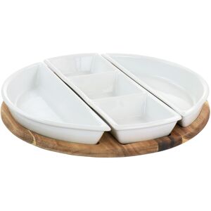 Gibson - Elite Gracious Dining 4 Piece Fine Ceramic Sectional Tray Set with Acacia Wood Base - White Gibson - Elite Gracious Dining 4 Piece Fine Ceramic Sectional Tray Set with Acacia Wood Base - White