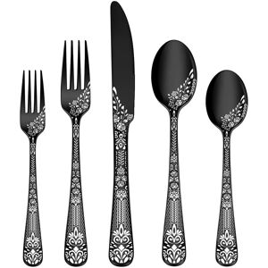 Dazzed Corner - 20 Pieces Silverware Set for 4, Stainless Steel Flatware Set with Unique Floral Laser - Black Dazzed Corner - 20 Pieces Silverware Set for 4, Stainless Steel Flatware Set with Unique Floral Laser - Black