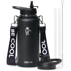 Coolflask - Insulated Water Bottle with Strap - Straw & Spout Lids - Keep Cold 48h - 32oz Black Coolflask - Insulated Water Bottle with Strap - Straw & Spout Lids - Keep Cold 48h - 32oz Black