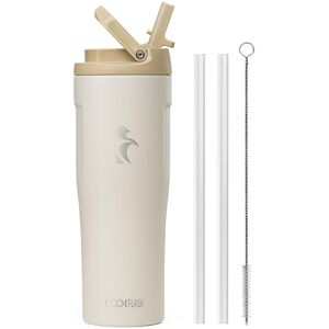Coolflask - Slim Tumbler Stainless Steel with Straw & Handle - Fits Car Cup Holder - 32oz White Coolflask - Slim Tumbler Stainless Steel with Straw & Handle - Fits Car Cup Holder - 32oz White