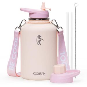 Coolflask - Insulated Water Bottle with Strap - Straw & Spout Lids - Keep Cold 48h - 64oz Pink Coolflask - Insulated Water Bottle with Strap - Straw & Spout Lids - Keep Cold 48h - 64oz Pink
