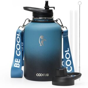 Coolflask - Insulated Water Bottle with Strap - Straw & Spout Lids - Keep Cold 48h - 64oz Blue Coolflask - Insulated Water Bottle with Strap - Straw & Spout Lids - Keep Cold 48h - 64oz Blue