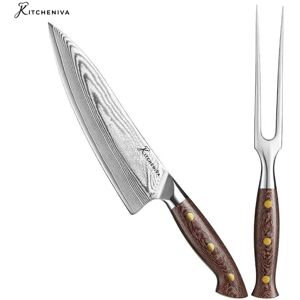 Kitcheniva - 8" 67 Layer Damascus Steel Chefs Knife and 5" Carving Fork with Micarta Handle Kitcheniva - 8" 67 Layer Damascus Steel Chefs Knife and 5" Carving Fork with Micarta Handle