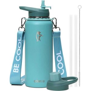 Coolflask - Insulated Water Bottle with Strap - Straw & Spout Lids - Keep Cold 48h - 40oz Green Coolflask - Insulated Water Bottle with Strap - Straw & Spout Lids - Keep Cold 48h - 40oz Green