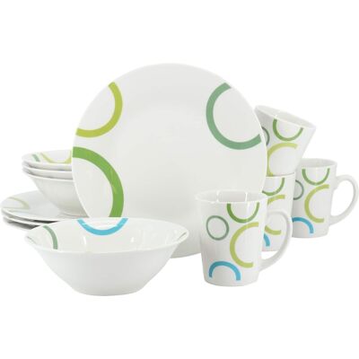 Gibson - Home Green Loops 12 Piece Round Fine Ceramic Dinnerware Set - White Gibson - Home Green Loops 12 Piece Round Fine Ceramic Dinnerware Set - White