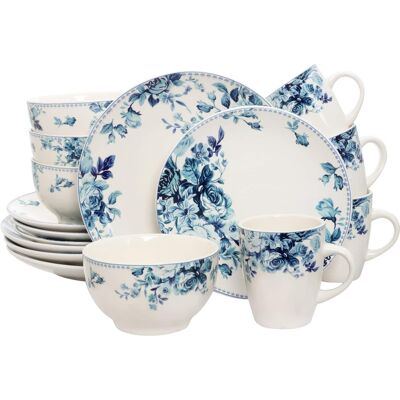 Elama - Traditional Rose 16 Piece Dinnerware Set - Blue Elama - Traditional Rose 16 Piece Dinnerware Set - Blue