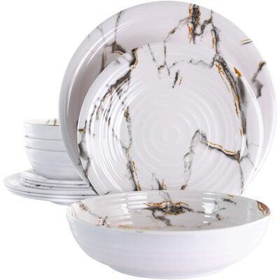 Elama - Fine Sculpture 12 Piece Lightweight Melamine Dinnerware Set - White Elama - Fine Sculpture 12 Piece Lightweight Melamine Dinnerware Set - White