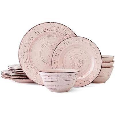 Dazzed Corner - 16-Piece Stoneware Dinnerware Set, Service for 4, Microwave & Dishwasher Safe Plates and Bowls - Pink Dazzed Corner - 16-Piece Stoneware Dinnerware Set, Service for 4, Microwave & Dishwasher Safe Plates and Bowls - Pink