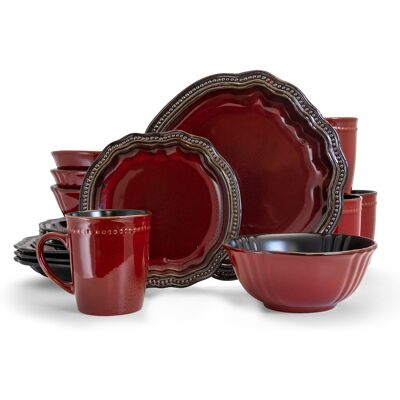 Elama - Regency 16 Piece Luxurious Stoneware Dinnerware with Complete Setting for 4, 16pc - Red Elama - Regency 16 Piece Luxurious Stoneware Dinnerware with Complete Setting for 4, 16pc - Red