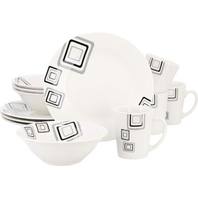 Gibson - Home Black Squares 12 Piece Round Fine Ceramic Dinnerware Set - White Gibson - Home Black Squares 12 Piece Round Fine Ceramic Dinnerware Set - White