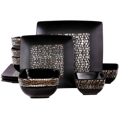 Elama - Elama's Naina 16 Piece Double Bowl Stoneware Dinnerware Set - Black and Brown Elama - Elama's Naina 16 Piece Double Bowl Stoneware Dinnerware Set - Black and Brown