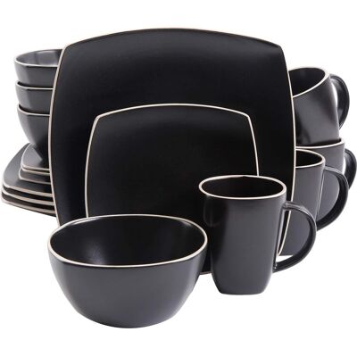 Gibson - Soho Lounge 16 Piece Soft Square Stoneware Dinnerware Set in Matte - Black Gibson - Soho Lounge 16 Piece Soft Square Stoneware Dinnerware Set in Matte - Black