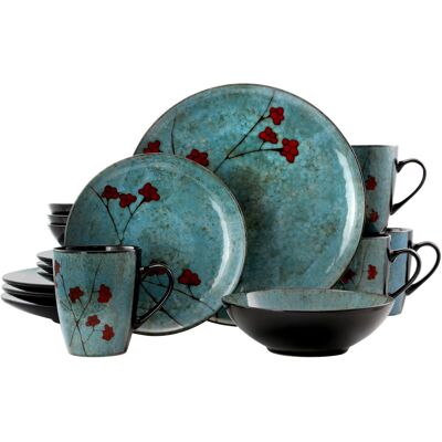 Elama - Floral Accents 16 Piece Dinnerware Set - Blue Elama - Floral Accents 16 Piece Dinnerware Set - Blue