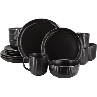 Elama - Leo 16 Piece Stoneware Dinnerware Set In - Black Elama - Leo 16 Piece Stoneware Dinnerware Set In - Black