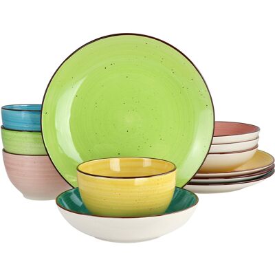 Elama - Hudson 12 Piece Double Bowl Stoneware Dinnerware Set in Assorted Colors - Yellow, Teal, Lime, Pink Elama - Hudson 12 Piece Double Bowl Stoneware Dinnerware Set in Assorted Colors - Yellow, Teal, Lime, Pink