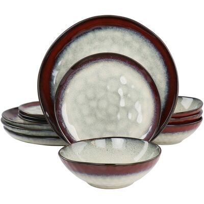 Elama - Samara 12 Piece Stoneware Dinnerware Set - Red and Off White Elama - Samara 12 Piece Stoneware Dinnerware Set - Red and Off White