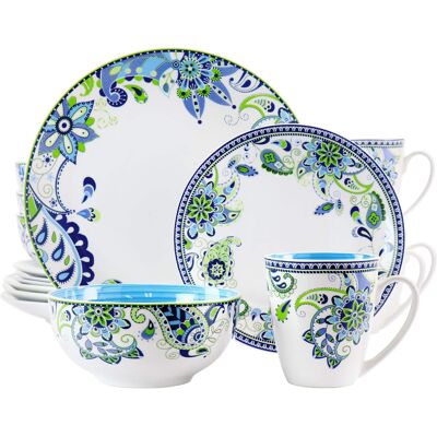 Elama - Blue Fiesta 16 Piece Round Porcelain Dinnerware Set - White, Blue, and Green Elama - Blue Fiesta 16 Piece Round Porcelain Dinnerware Set - White, Blue, and Green