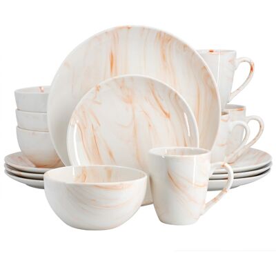 Elama - Fine Marble 16 Piece Porcelain Dinnerware Set - Orange Elama - Fine Marble 16 Piece Porcelain Dinnerware Set - Orange