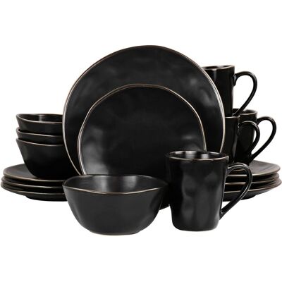Elama - Modern 16 Piece Stoneware Dinnerware Set in Matte with Gold Rim - Black Elama - Modern 16 Piece Stoneware Dinnerware Set in Matte with Gold Rim - Black