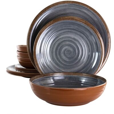 Elama - Stone Oak 12 Piece Lightweight Melamine Dinnerware Set - Black Elama - Stone Oak 12 Piece Lightweight Melamine Dinnerware Set - Black